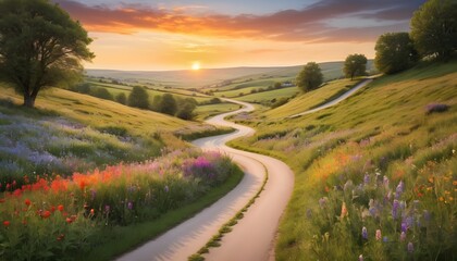 A peaceful countryside scene with a winding road lined with vibrant wildflowers, leading towards a distant sunset. - obrazy, fototapety, plakaty