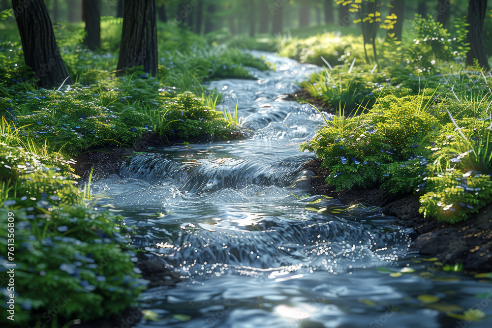 Poster A babbling brook winding through a verdant meadow, harmonizing with the melody of chirping birds. Concept of a lively and soothing watercourse. Generative Ai.