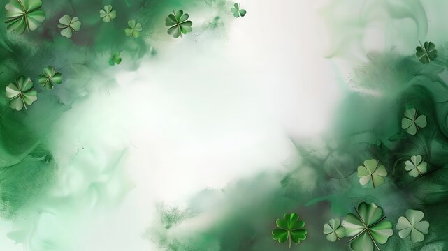Vector banner for St Patrick's day with green smokey effect with four leaf clovers. Copy space for text