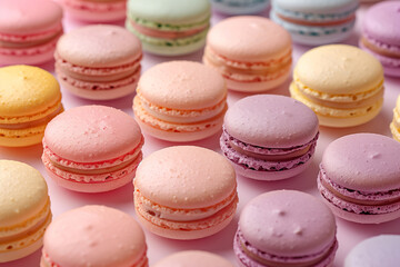Fototapeta na wymiar Different colorfull macarons on pastel background, pink, yellow, purple, green color macaroons