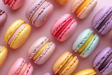 Different colorfull macarons on pastel background, pink, yellow, purple, green color macaroons