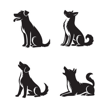 Set of four black and white dog silhouettes