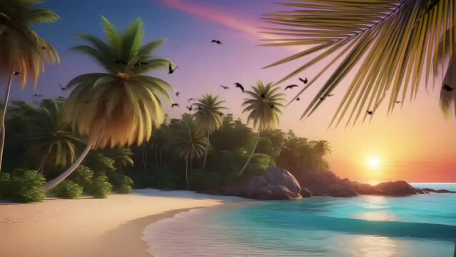 Beach with palm trees at sunset. Seamless looping time-lapse 4k video animation background