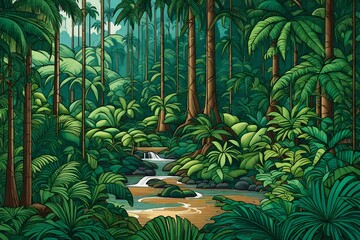 tropical jungle background, Immerse yourself in the lush beauty of a rainforest with an AI-generated illustration featuring a captivating rainforest background