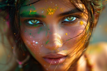 Portrait of a beautiful and cheerful indian girl with deep green eyes in the celebration of holi festival.