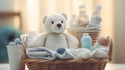 Soft bear nestled in laundry basket with baby items image background. Nursery close up picture wallpaper. Soft glow from window closeup photo backdrop. Babyhood concept photography