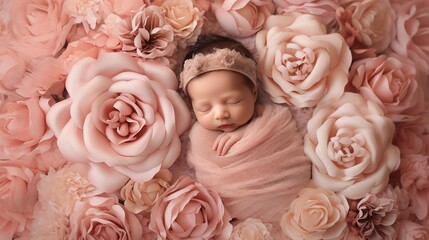 Infant nestled within bed of oversized blush roses image background. Tranquil sleep photography. Newborn wrapped in soft pink picture scene photorealistic. Bedtime babyhood concept photo