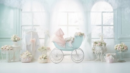 Ethereal nursery image background. Elegant carriage, floral arrangements photography wallpaper. Sheer curtains, soft light picture scene photorealistic. Babyhood concept photo realistic