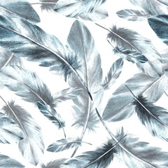 Watercolor seamless pattern with monochrome bird feathers grey black color with granulation of shades, ornaments. Quills wings drawing illustration. Wallpaper wrapping fabric Isolated white background