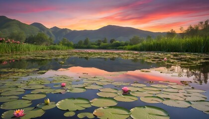 A serene lake reflecting the vibrant colors of a sunset, surrounded by blooming water lilies and verdant hills.