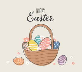 Happy Easter eggs in basket outline banner. Easter illustration on pastel background with colored decorative eggs. Doodle eggs with decorative elements in basket with flowers
