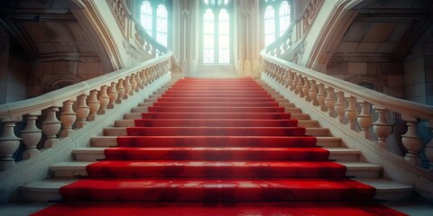 Elegant Grand Staircase with Opulent Red Carpet in a Medieval Castle. Concept Medieval Castle, Grand Staircase, Opulent Red Carpet, Elegant Photoshoot, Regal Setting