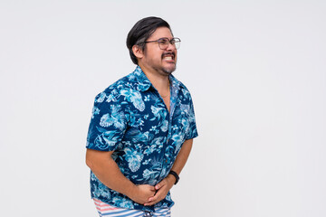 Urgent need to pee concept with a middle-aged man pressing his hands against his lower abdomen,...