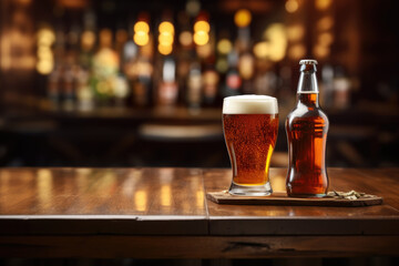 Bottle of beer and glass of beer on wooden table - obrazy, fototapety, plakaty