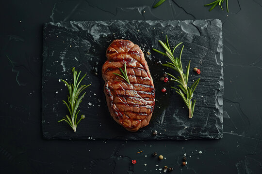 Roasted beef steak on dark stone background with rosemary herbs. Top view , with empty copy space