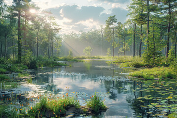 A sun-dappled fen with reflective pools, providing a habitat for unique plant species and wildlife. Concept of diverse fen ecosystems. Generative Ai.