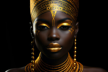 Woman with gold face paint and gold jewelry