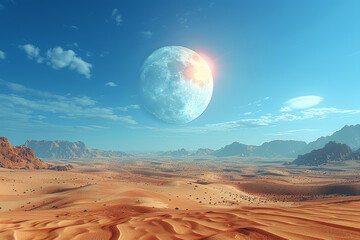 A lunar-like desert landscape with vast sand dunes stretching as far as the eye can see,...