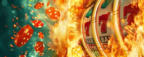 A vector banner graphic of 7's slots with an explosion of fire and betting chips, Las vegas, Gambling - obrazy, fototapety, plakaty