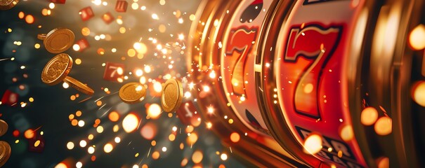 A vector banner graphic of 7's slots with an explosion of coins, Las vegas, Gambling