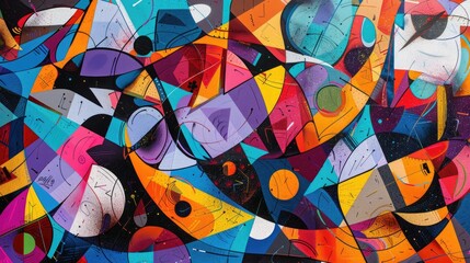 Abstract graffiti art mural. Colorful street art with various shapes and figures. Urban art and...