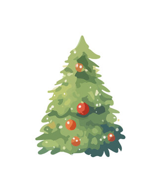 Vector illustration of decorated Christmas tree in snow on white background. Green fluffy xmas pine, isolated on white background. Cute Christmas tree in cartoon watercolor style.