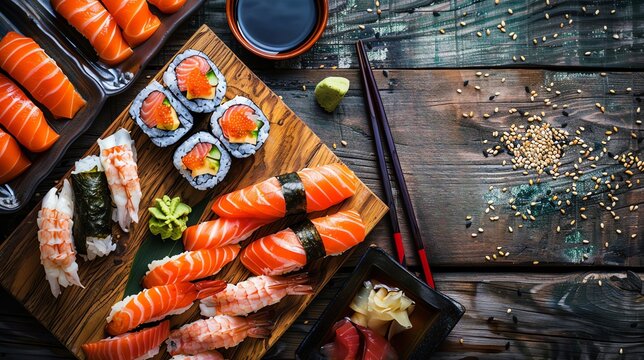 Japanese Salmon and Tuna Sushi with Wasabi, chopsticks, soy sauce on a rustic wooden food board with copy space