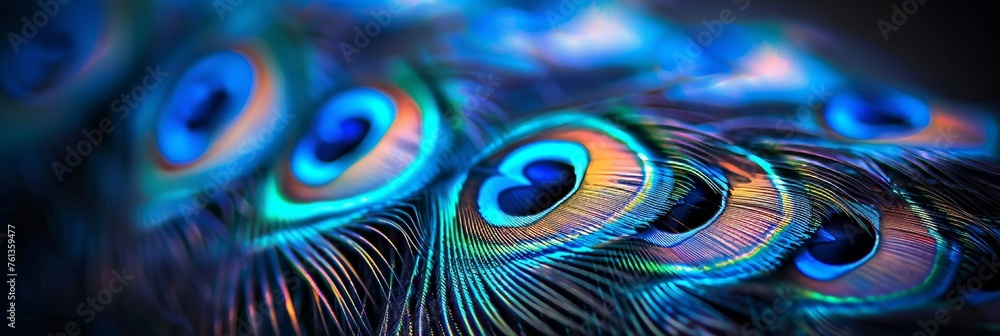 Poster detailed macro shots of vibrant peacock feathers creating a mesmerizing and colorful background