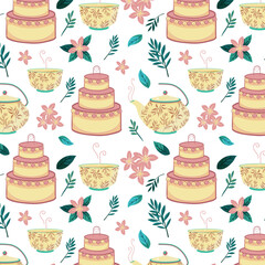 Pink and yellow teapot, cake and cup seamless repeat pattern print background