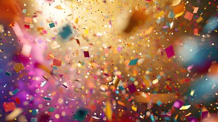 Glittering abstract confetti rain. Dynamic colorful particles on a blurred background. Celebration concept for design and decoration.