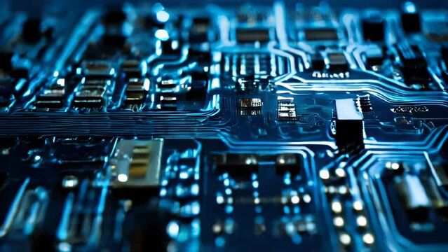 Closeup of a circuit board glowing in turquoise blue. Intricately wired chips and capacitors are arranged in an orderly pattern. Light emanates from the central chip, illuminating the surrounding circ