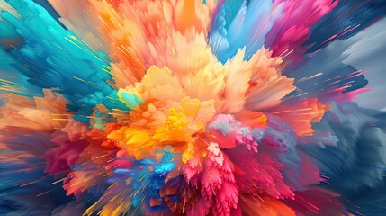 "Explosive color burst. Abstract art explosion. Dynamic paint splatter background. Design for creative poster, vibrant wallpaper, or modern art print."