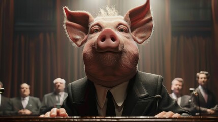 Pig dictator in a suit giving a speech. The concept of politics and dictatorship. - obrazy, fototapety, plakaty