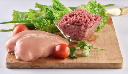 Raw chicken and beef mince, ready to cook fresh meat.