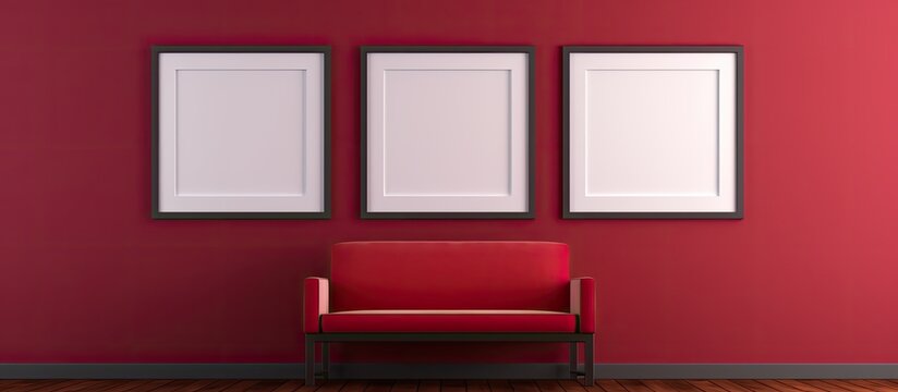 A red living room with a magenta couch and three rectangular frames on the hardwood wall. The symmetrical layout is complemented by the wood stain flooring and fixture