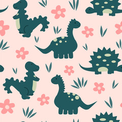 cute hand drawn cartoon character dinosaurs seamless vector pattern background illustration with pink daisy flowers and green grass - 761360004