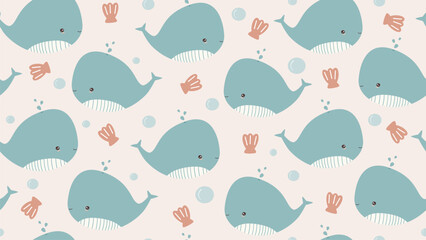 cute hand drawn summer seamless vector pattern background illustration with funny cartoon character whale and seashell
