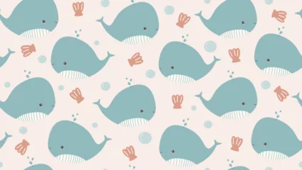 Papier Peint photo Lavable Vie marine cute hand drawn summer seamless vector pattern background illustration with funny cartoon character whale and seashell