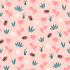 cute abstract simple hand drawn seamless vector pattern background illustration with daisy flowers, pink poppy, green grass and red ladybug insects - 761360021