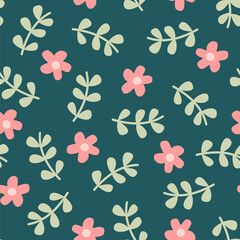 cute hand drawn spring green and pink seamless vector pattern background illustration with daisy flowers and branch with leaves