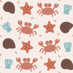 cute hand drawn summer beach seamless vector pattern background illustration with seashell, crab and starfish