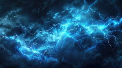 Electric blue lightning storm illuminating the night sky. Thunderstorm energy concept for dynamic nature wallpaper and environmental design
