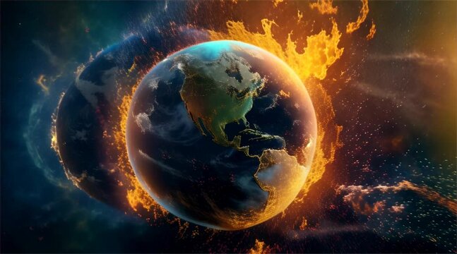 The Earth engulfed by vivid flames against a cosmic backdrop, depicting a dramatic scene of planetary crisis.