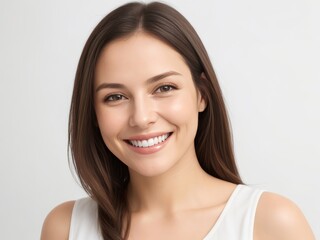 Smiling Woman with Dark Brown Hair, Dental Advertorial Concept