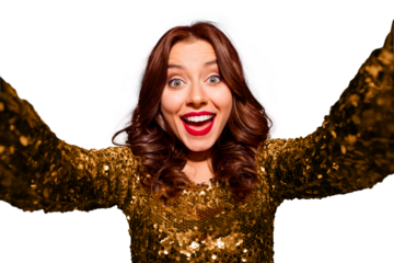 Live broadcast from best festival! Lady with big beaming smile, modern wave hairstyle make selfie on front camera of smartphone isolated on bright red background