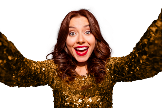 Live broadcast from best festival! Lady with big beaming smile, modern wave hairstyle make selfie on front camera of smartphone isolated on bright red background