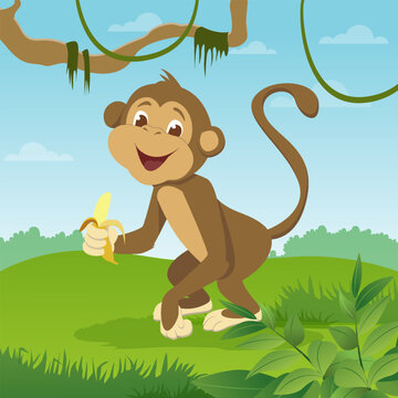 VECTOR ILLUSTRATION OF A CUTE MONKEY on a cartoon background For printing, stickers, Internet, blog, children's projects,