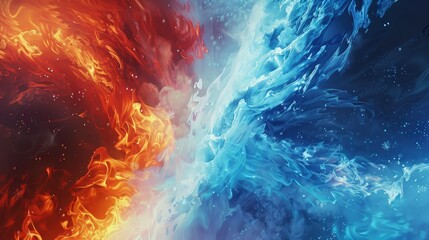 "Fire and ice abstract concept. Fiery red and icy blue digital art. Elemental clash background. Design for poster, wallpaper, or fantasy book cover."