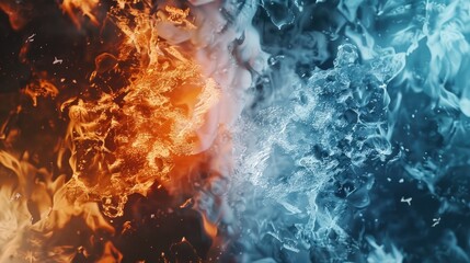 "Clash of fire and ice elements. Fiery particles and icy crystals abstract background. Hot and cold concept art. Design for allegorical poster, elemental theme wallpaper, or creative visual."