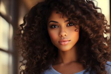 Fototapeta premium Woman with curly hair is smiling and looking at camera